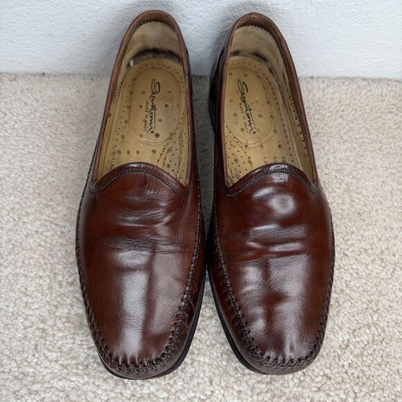 Santoni Loafers Brown Leather Dress Shoe Size 9 Slip On Moc Toe Whipstitch Italy - Picture 5 of 15